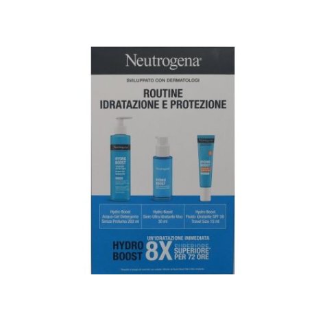 Neutrogena Hydro Boost Routine Idratazione e Protezione - Gel detergente 200 ml + Siero viso 30 ml + Fluido viso SPF 50 15 ml