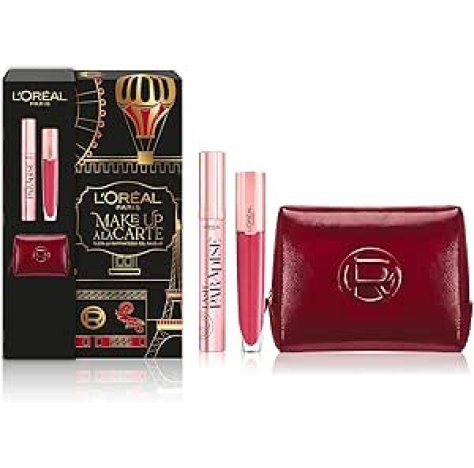 L'Oréal Paris Pochette Regalo Make Up à La Carte con Gloss Volumizzante e Mascara Allungante Lash Paradise, Per un Make-Up Impeccabile e Duraturo, Con Elegante Beauty Case in Vernice Rossa Bordeaux