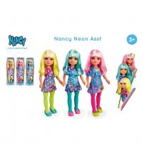 Nancy - Neon rosa, turchese , giallo bambola con vistosi capelli lisci neon, con frangia per creare look diversi, con calze abbinate e trucco, Famosa (NAC23300)