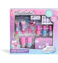 MARTINELIA - Cofanetto di bellezza unicorno per bambini - Set di trucco per ragazza: 5 smalti per unghie + 2 lucidi + 1 scatola in metallo + accessori e stencil per nail art