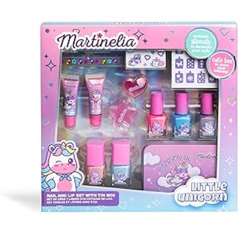 MARTINELIA - Cofanetto di bellezza unicorno per bambini - Set di trucco per ragazza: 5 smalti per unghie + 2 lucidi + 1 scatola in metallo + accessori e stencil per nail art