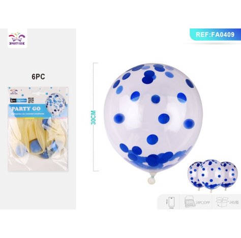 PALLONCINI TRASPARENTI DECORATI BLU - 6 PEZZI