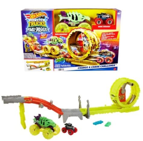 HOT WHEELS MONSTER TRUCKS - SFIDA CARICA E INSEGUI , Set Pista con 2 Truck 