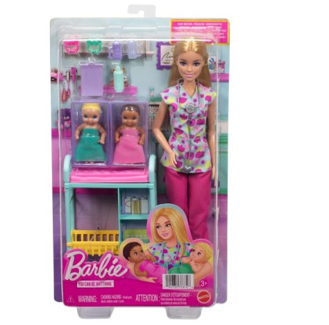 BARBIE CARRIERA PEDIATRA - BAMBOLA + 2 BEBÈ + ACCESSORI 