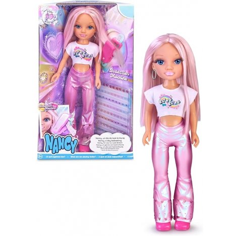 Nancy - Un giorno con look brillante, bambola con i capelli rosa, accessori per decorare i capelli, applicatore per gemme, Famosa (NAC45000)