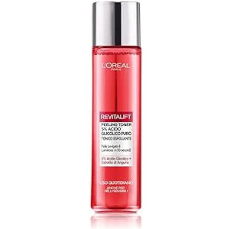 L'Oréal Paris Tonico Esfoliante Peeling Toner Revitalift, Pelle Liscia e Luminosa in 30 Secondi, Per Pelli Giovani, Arricchito con 5% di Acido Glicolico Puro, 180 ml