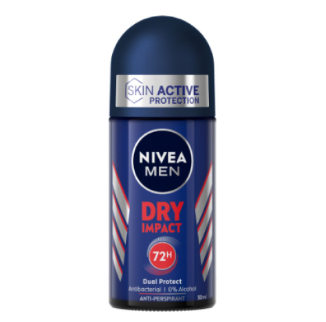 Nivea Men Dry Impact Deodorante Roll on 50 ml, Deodorante uomo per 72h di protezione antitraspirante
