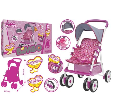 Bimbo con Passeggino a 6 Ruote Pieghevole con Parasole – Altezza 62 cm, Giocattolo con Bambolotto per Bambini