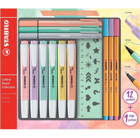 Set Creativo - STABILO Pastel Collection Set - Confezione mista 13 pezzi: 6 swing cool pastel, 3 point 88, 3 pointMax, 1 righello stencil