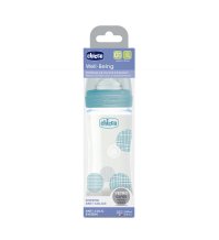 Chicco Well Being - Biberon in vetro con tettarella in silicone a flusso lento da 240 ml azzurro