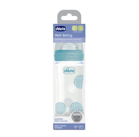 Chicco Well Being - Biberon in vetro con tettarella in silicone a flusso lento da 240 ml azzurro