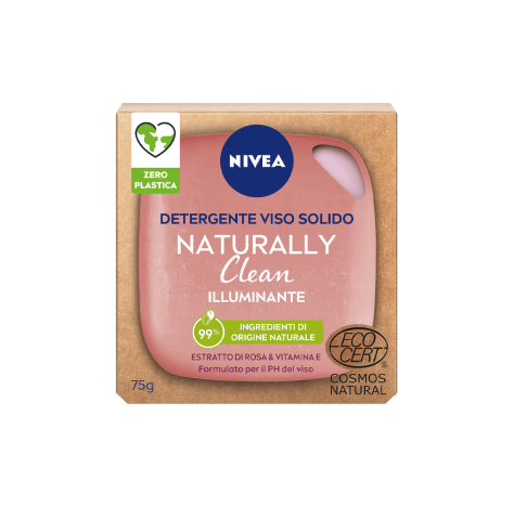 NIVEA (BEIERSDORF SpA) NIVEA NATURALLY CLEAN Detergente Viso Solido Illuminante 75 g, 99% naturale con Vitamina E ed Estratto di Rosa, Detergente naturale con formula vegana