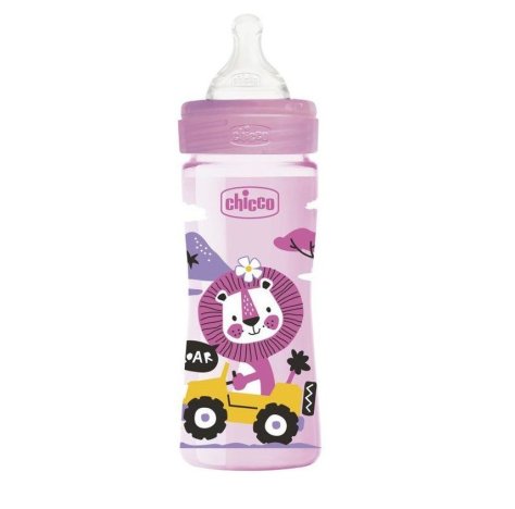 Chicco Well Being - Biberon in plastica con tettarella in silicone a flusso medio da 250 ml Rosa