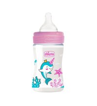 Chicco Well Being - Biberon in plastica con tettarella in silicone a flusso lento da 150 ml Rosa