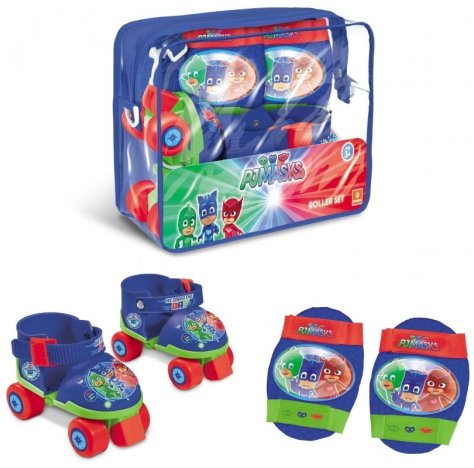 Mondo Toys-Pattini a rotelle Regolabili PJ Masks per Bambini-Taglia dal 22 al 29 - Set Completo di Borsa Trasparente, gomitiere e Ginocchiere, 18475