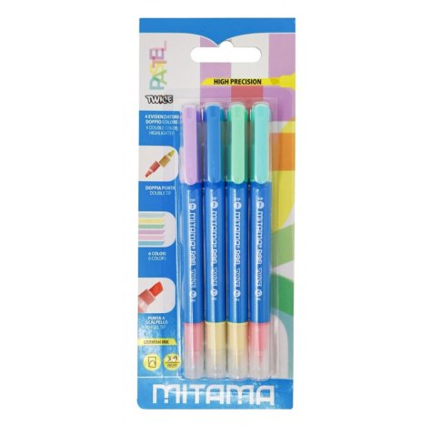 Mitama 4 Evidenziatori Doppia Punta Doppio Colore Pastel Twice