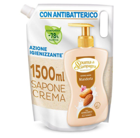 SPUMA DI SCIAMPAGNA SAPONE LIQUIDO CREMA CON ANTIBATTERICO MANDORLA AZIONE IGIENIZZANTE ECORICARICA BUSTA 1500 ML