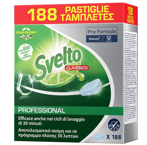 Svelto Professional Detersivo Classico in Pastiglie per Lavastoviglie Pro Formula Eco Detergente - Confezione da 188 Tabs