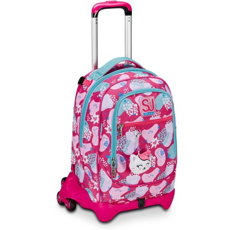 Trolley Scuola SJ Gang Jack 3 Ruote, Rosa, PinkFur, 3 in 1, Triplo Uso, Zaino Con Carrello Sganciabile, Tasca Porta Borraccia e Crossover System